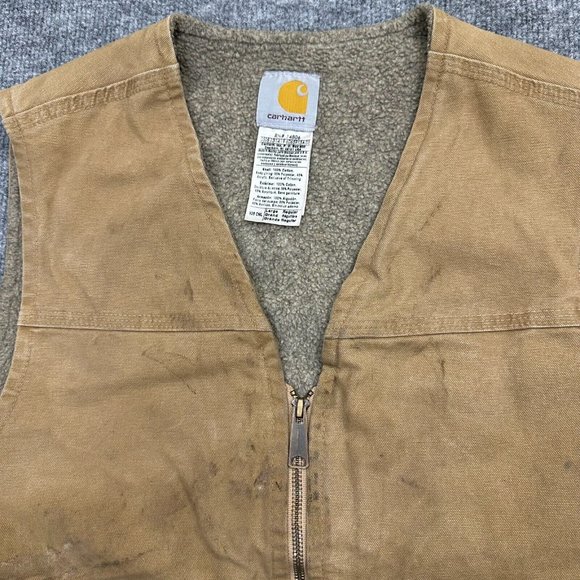 Carhartt Canvas Duck Vest Men Large Full Zip Sherpa Lined Distress Brown V26 CML - Picture 6 of 13